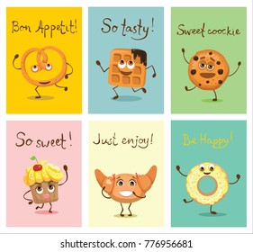 Cartoon cards with funny food bakery characters -  waffle, pretzel, croissant, cookie, donut, cupcake with emotions