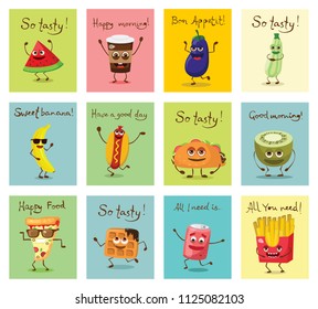 Cartoon cards with funny food characters vector illustrations