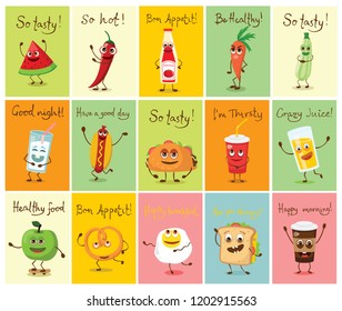 Cartoon cards with funny food characters vector illustrations with hand drawn funny quotes
