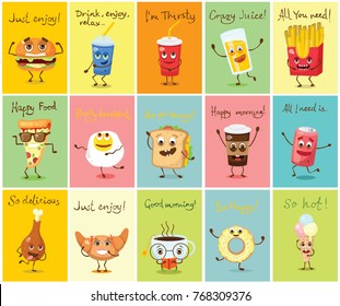 Cartoon cards with funny food characters vector illustrations- cupcake, donut, croissant, cup of tea and coffee, scrambled eggs, hamburger, glass of juice and french fries with emotions