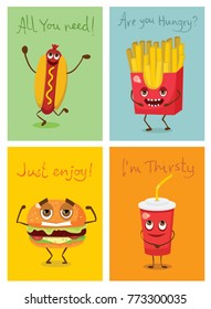 Cartoon cards with funny food characters vector illustrations- hot dog,drink soda, french fries and hamburger with emotions