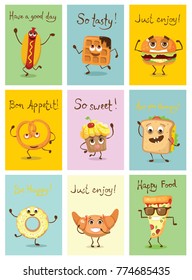 Cartoon cards with funny food characters vector illustrations- hot dog, toast with cheese, waffle , donut,  hamburger and pizza, cupcake with emotions