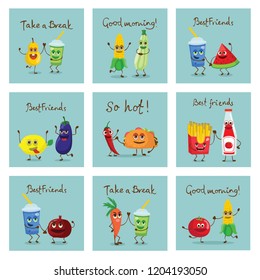 Cartoon cards with funny food friends characters vector illustrations with hand drawn funny quotes