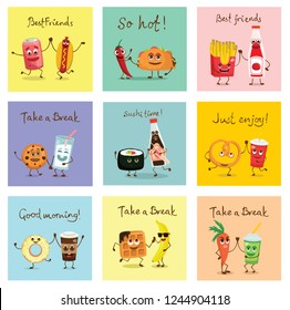 Cartoon cards with funny food friends characters holding hands, vector illustrations with hand drawn funny quotes