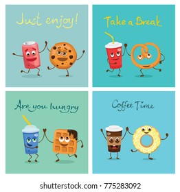 Cartoon cards with funny friends fast food - cookie and soda can, waffle and fresh, coffee and donut, pretzel and juice.