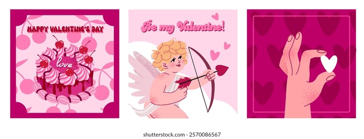 Cartoon cards for St. Valentine's Day on February 14. Romantic elements, cupid, sweets, cake. Vector posters collection for love letter, greeting card. 