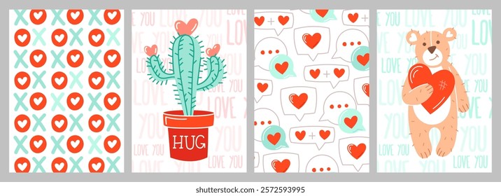 Cartoon cards for St. Valentine's Day. Romantic elements, love, teddy bear, hearts, speech bubbles, cactus, typography, patterns. Vector concept template, background, card, poster, cover set.