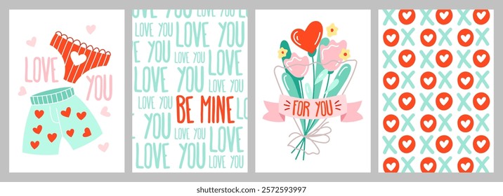 Cartoon cards for St. Valentine's Day. Romantic elements, love, briefs, hearts, flowers, typography, patterns. Vector concept template, background, card, poster, cover set.