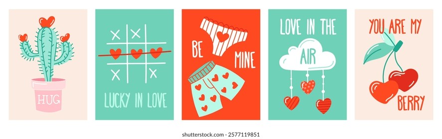 Cartoon cards for St. Valentine's Day. Romantic elements, love, briefs, hearts, typography, cactus, cherry. Vector concept template, background, card, poster, cover set.