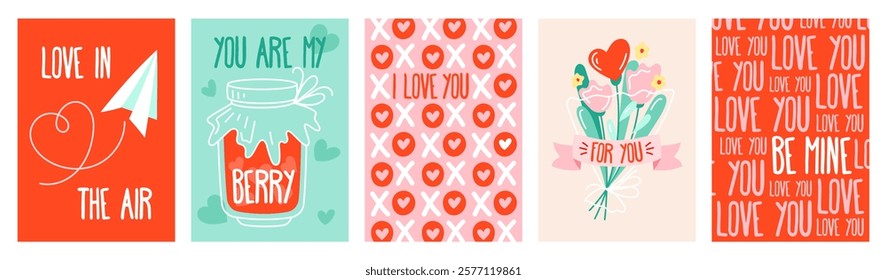 Cartoon cards for St. Valentine's Day. Romantic elements, love, hearts, flowers, typography, patterns. Vector concept template, background, card, poster, cover set.