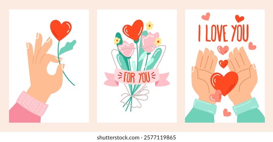 Cartoon cards for St. Valentine's Day. Romantic elements, love, hearts, flowers, hands. Vector concept template, background, card, poster, cover set.