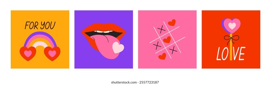 Cartoon cards for Valentines Day in retro trendy style 90s. Romantic and love elements. Bright minimalist posters. Vector decor of print and postcards