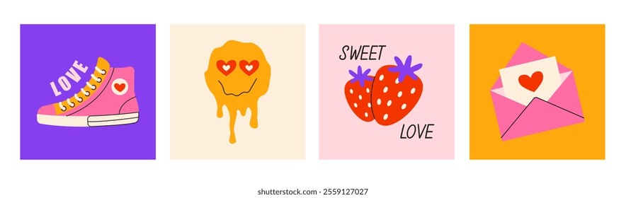 Cartoon cards for Valentines Day in retro trendy style 90s. Romantic and love elements. Bright minimalist posters. Vector decor of print, stickers and postcards