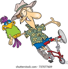 cartoon carefree man riding a bike without hands while holding a parrot