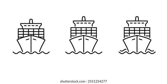 Buque contenedor de carga de dibujos animados. Patrón de línea de barco. Buque de carga, barco, barco, logotipo del esquema. Concepto de transporte de contenedores de carga de envío. Contenedores de Transporte, barcos marítimos o oceánicos. 