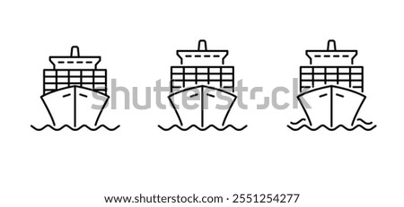 Cartoon cargo container ship. Boat line pattern. Cargo vessel, ship, boats outline logo. Shipping cargo containers transport concept. Transportation containership, sea or ocean ships. 