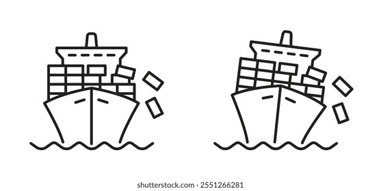 Cartoon cargo container ship. fall or falling cargo. Cargo vessel, ship, boats outline logo. Shipping cargo containers transport concept. Transportation containership, sea or ocean ships. 