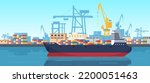 Cartoon cargo dock, industrial sea shipping port. Sea harbour, cargo logistics barge ships, water trucking industry transport vector illustration. Flat industrial port concept