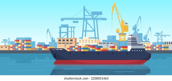 Cartoon cargo dock, industrial sea shipping port. Sea harbour, cargo logistics barge ships, water trucking industry transport vector illustration. Flat industrial port concept