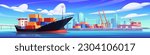 Cartoon cargo ship against maritime port and cityscape background. Vector illustration of freight vessel loaded with containers docked in marine harbor. Transport for export goods delivery, logistics