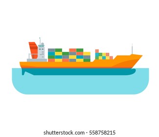 Cartoon Cargo Ship with Colorful Container Flat Design Style International Logistic Industry. Vector illustration