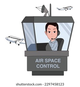 cartoon caricature character of an air control officer on duty at the tower to regulate airplane flight routes at the airport. Vector isolated illustrations.