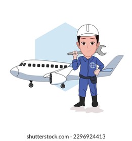 cartoon caricature character of an aircraft engine repair technician posing in service uniform and holding a wrench next to an airplane. Vector isolated illustrations.