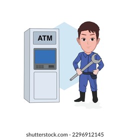 caricatura de dibujos animados de un empleado automático de mantenimiento de máquinas de cajero que posa con una llave. Ilustraciones aisladas de vectores.