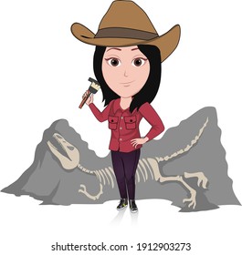 cartoon caricature character of profession archaeolohist stand next to fossil