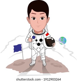 cartoon caricature character of profession astronauts with suit and helmet standing on moon surface next to flag