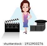 cartoon caricature character of profession woman actress standing with pose next to movie board
