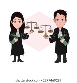 cartoon caricature characters of two male and female lawyers in uniform and carrying fair law symbol. Isolated vector illustration.