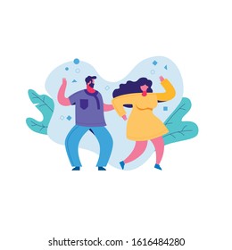 Cartoon caricature couple woman and man dancing actively. A cute couple moves plastic. People are dancing outdoors.