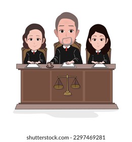 cartoon caricature of court magistrate character sitting in court with symbol of justice on his desk. Isolated vector illustration.