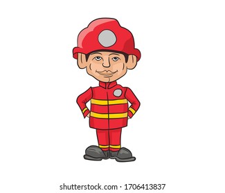 Cartoon caricature of a fireman in isolate on a white background. Vector illustration.