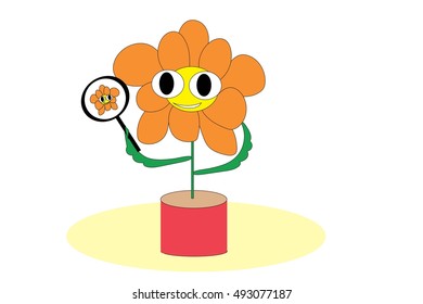 Cartoon caricature flower in pot admiring reflection in mirror.