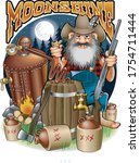 cartoon caricature of hillbilly with shotgun, corn pipe and moonshine distillery