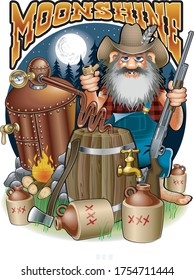 Cartoon Caricature Of Hillbilly With Shotgun, Corn Pipe And Moonshine Distillery