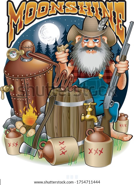 cartoon caricature of hillbilly with shotgun,
corn pipe and moonshine
distillery