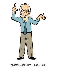 Cartoon caricature portrait of Bernie Sanders standing, pointing and giving a speech