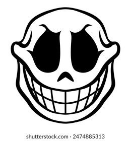 cartoon caricature smiling skull, black and white vector tattoo illustration, isolated on white background