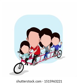 cartoon caricature template. illustration of a family, exercising together to ride a long bicycle with several saddles and pedals. vector cartoon with a plain white background.