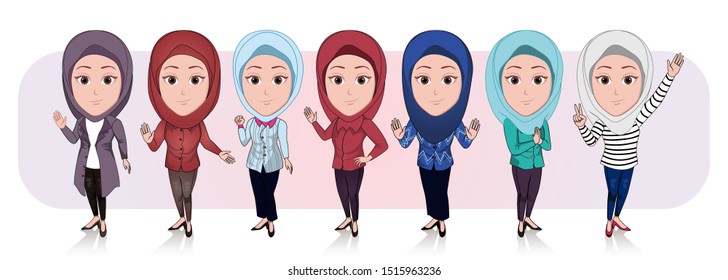 Cartoon Caricature Template. Illustration Of A Number Of Muslim Women Dressed In Hijab With A Variety Of Poses And Types Of Clothing. Vector Cartoon With A Plain White Background.