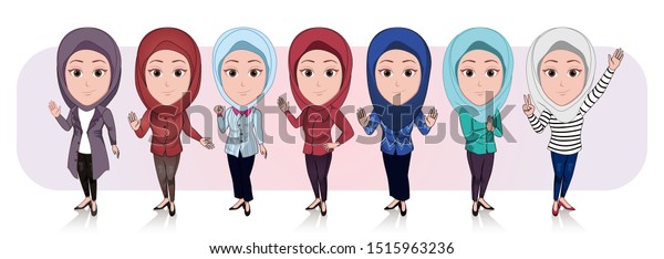 cartoon\
caricature template. illustration of a number of Muslim women\
dressed in hijab with a variety of poses and types of clothing.\
vector cartoon with a plain white\
background.