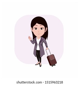 cartoon caricature template. illustration of a woman waving goodbye signs and carrying a suitcase for traveling. vector cartoon with a plain white background.