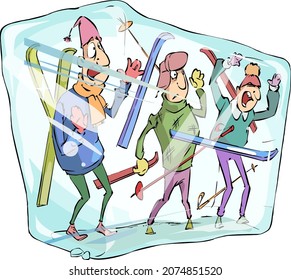 Cartoon Caricature three athletes skiers inside a piece of ice. Skiers in the ice.