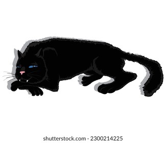 cartoon caricature vector design of a black and blue-eyed cat sleeping with its front legs crossed with its eyes slightly open with its tail pointing forward