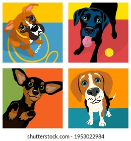 Cartoon caricatures of 4 dog breeds. Boxer, Black Labrador, Dachshund and Beagle. For posters, cards, banners, t-shirts, social media. Vector Illustration.