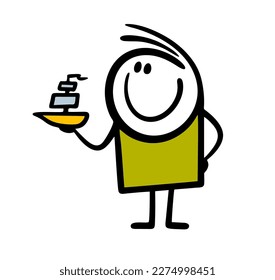 Cartoon caring father made his son a wooden boat with sails with his own hands. Vector illustration of a boy and a toy boat for launching on the water.