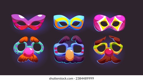 Cartoon carnival masks for masquerade or costume festival. Vector illustration set of traditional theater and Mardi Gras or Halloween entertainment face disguise dress elements with decorations.